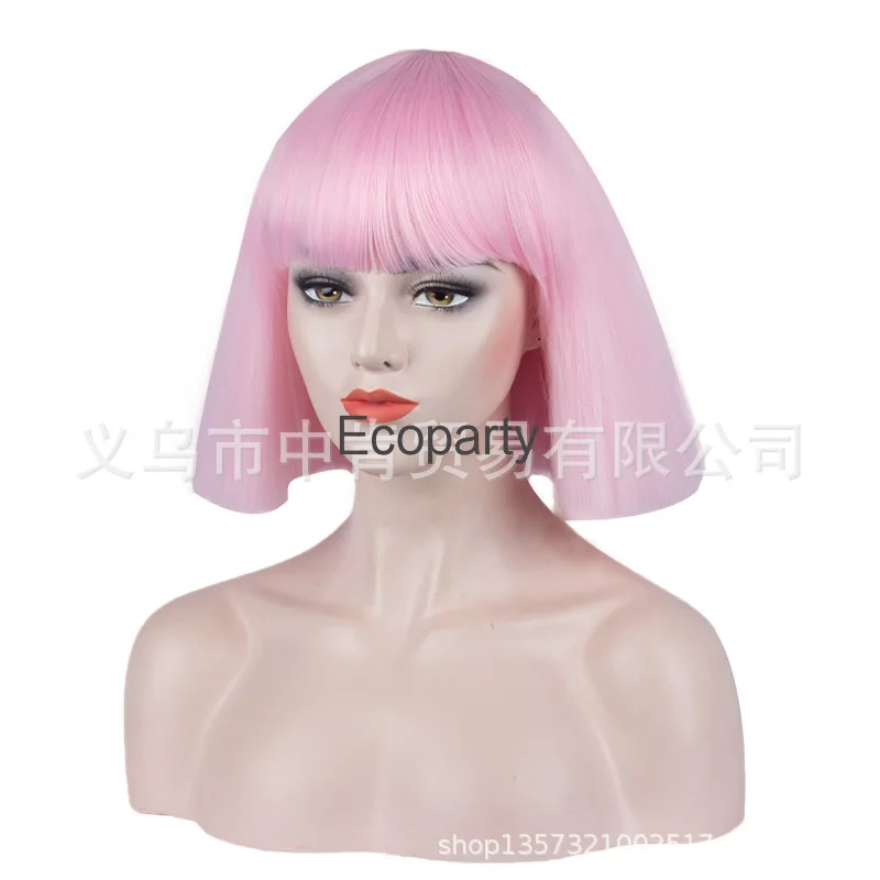 Cosplay Wigs Straight Bob Short Old Powder Black and White Short Synthetic Hair Explosion Head Wig + Wig Cap