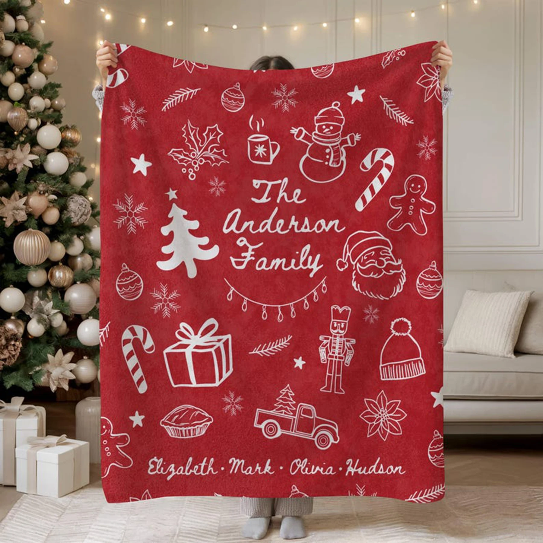 Personalized Family Name Christmas Blanket, Custom Names Throw Blanket, Cozy Winter Living Room Home Decor, Xmas Doodle Design