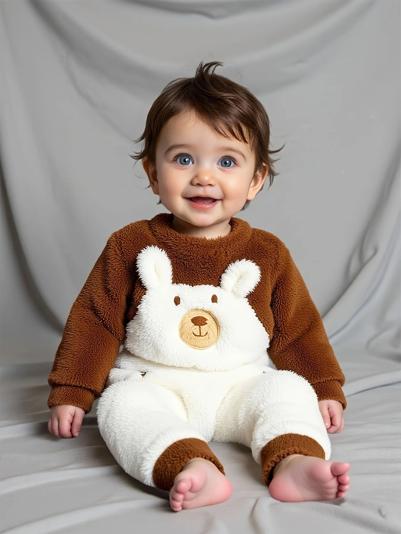 

Cute Little Bear Embroidery And Patchwork Plush One-Piece Dress For Warm Clothes For Boys And Girls In Autumn And Winter