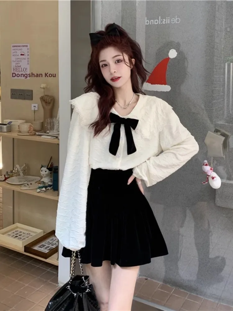 

Белый кукольный воротник irt, женская весна-осень 2026, новый дизайн, многослойная длинная блузка све с узлом, корейская свободная посадка