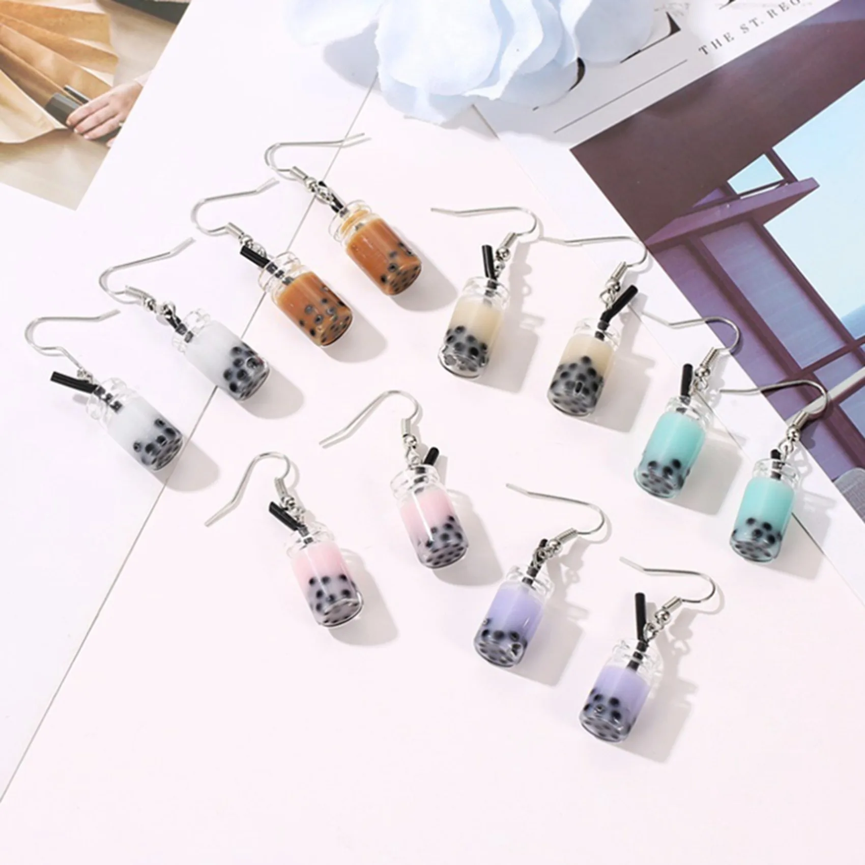 4PCS Funny Lemon Ice Black Tea Pearl Milk Tea Earrings Taiwan Boba Bubble Tea Funny Dangle Earrings, Dark Brown & Pink