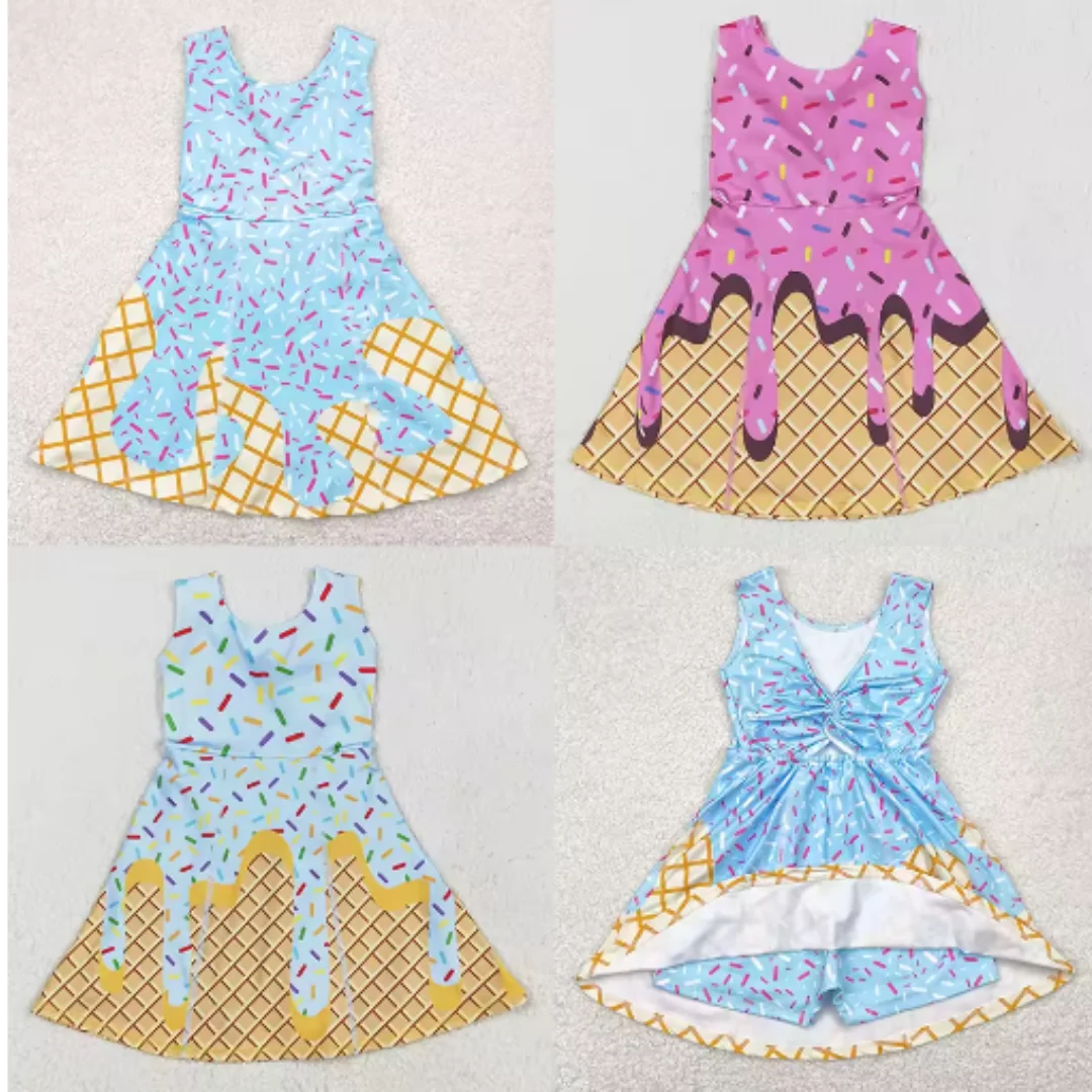Ice cream Prints Girls Activewear Set Sleeveless  Skort Outfit Stretchy Spandex Nylon Fabric Sporty Gym Clothes for Baby