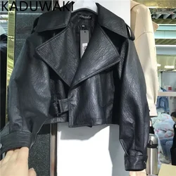 Vintage Casual Streetwear Women Leather Jacket Turn Down Collar Long Sleeve Loose Autumn Winter Coat Korean Style Chic Tops