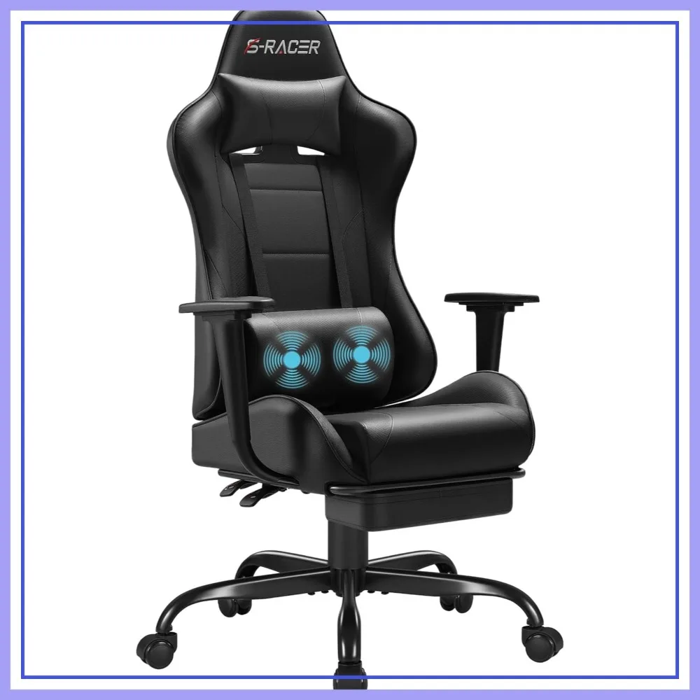 Gaming Chair with Footrest and Massage Lumbar Support, Height Adjustable Computer Chair with Headrest and Swivel Seat (Black)