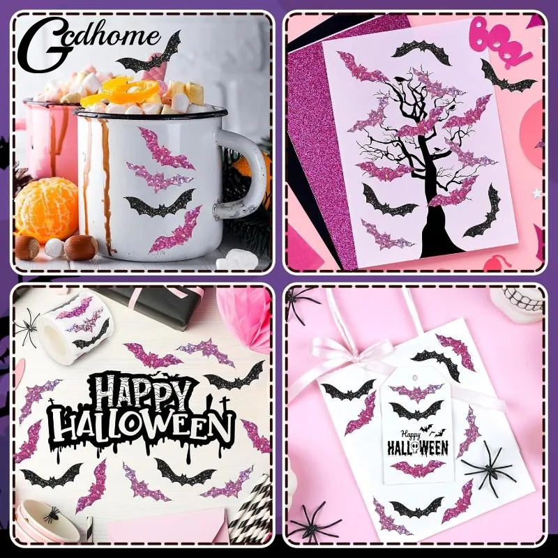 500 stks/rol Laser Zwarte Vleermuis Waterdichte Glitter Zelfklevende Decals Halloween Vleermuis Stickers Voor Party Scrap DIY Accessoires