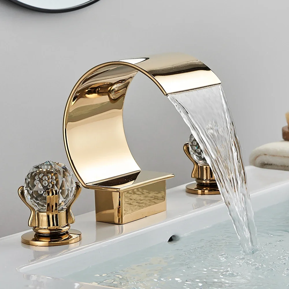 Luxury Golden Waterfall Basin Faucet Brass Deck Mounted Crystal Double Handle Bathroom Bathtub Tap Hot Cold Mixer Crane