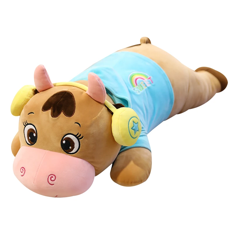 

Nice1pc 65/85cm Cute Lying Cow Plush Pillow Toys Cartoon Soft Zodiac Cattle with Headphone Doll Baby Kids Creative Birthday Gift