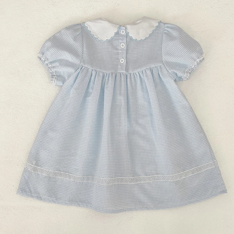 2026 Neues Sommerkleid für 2-6 Jahre, Kurzarm, Blumenmuster, Koreanische Version, Süßes Karokleid mit Besticktem Kragen für Mädchen – Detail 5