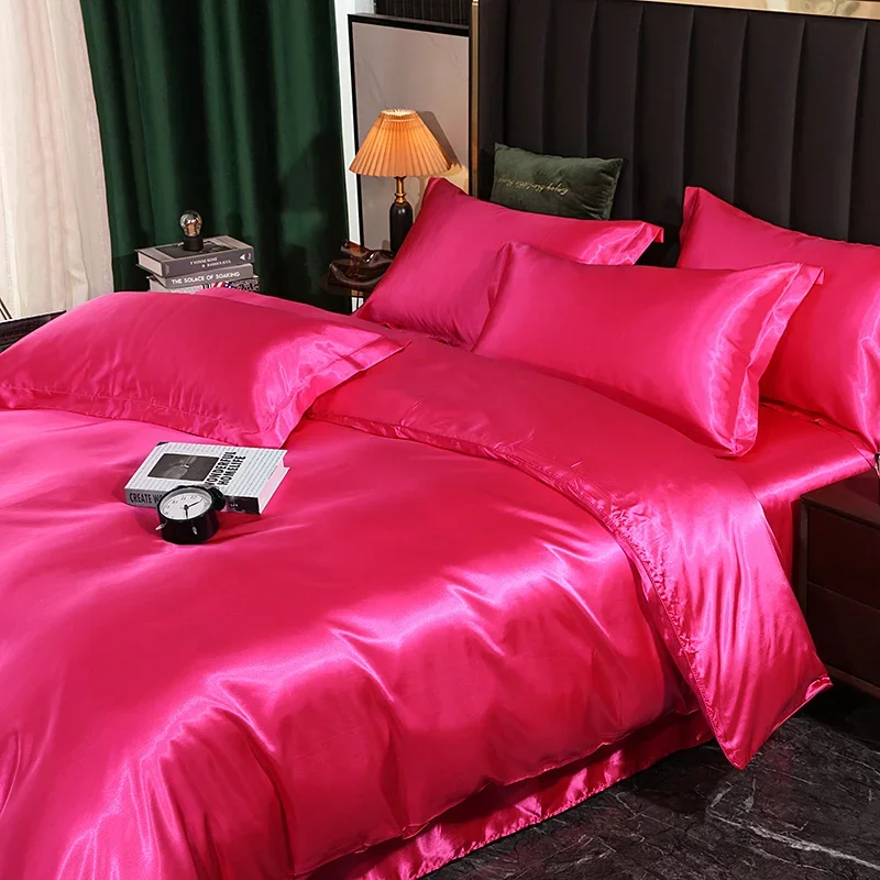 Nordic Silk Bedding Set with Duvet Cover Bed Sheet Pillowcase Luxury Couple Single Double Summer Home Textile Solid Bedsheet