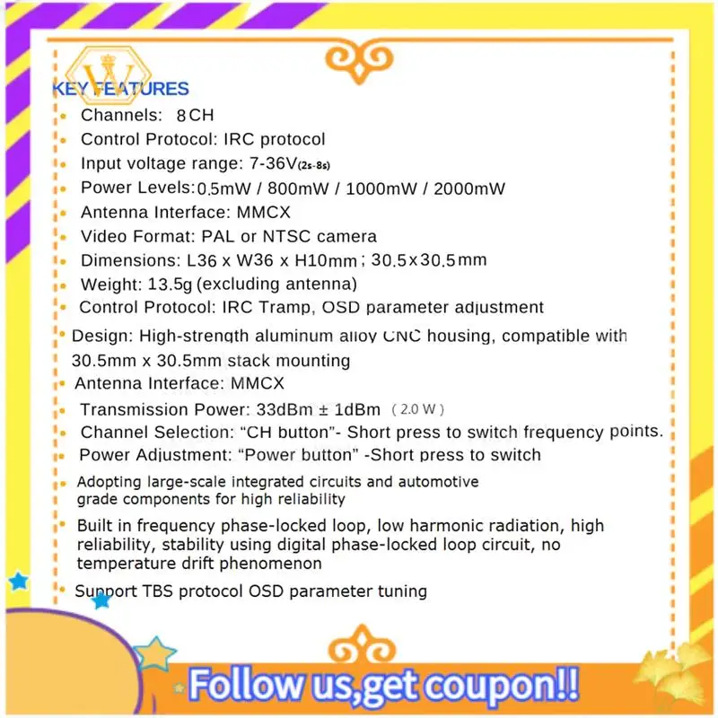 Latest-2.0G 2.1G 2.2G 2W VTX 8CH High Power FPV Audio Video Transmitter NTSC/PAL Forfpv Long Range RC Drone