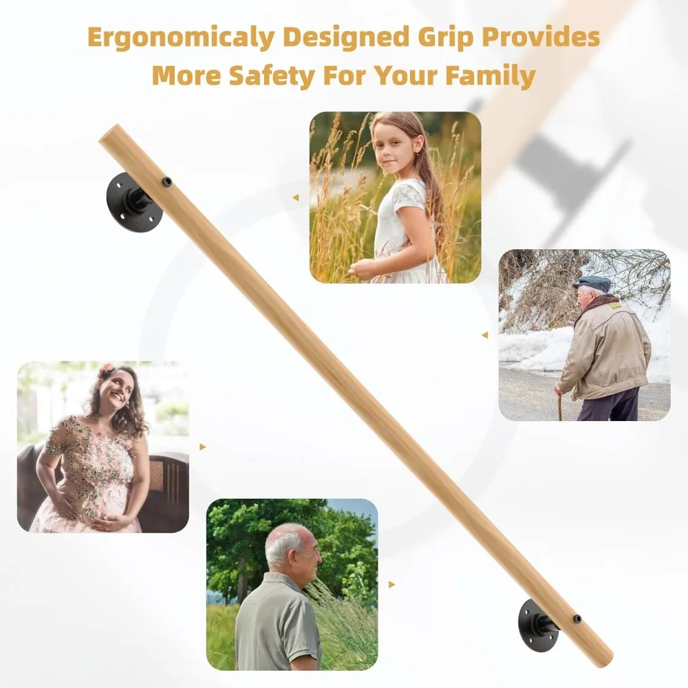 درابزين درج غير قابل للانزلاق مثبت على الحائط في الأماكن المغلقة والخارجية، درابزين خشبي بطول 4 أقدام للخطوات، درابزين متين للدرج الداخلي