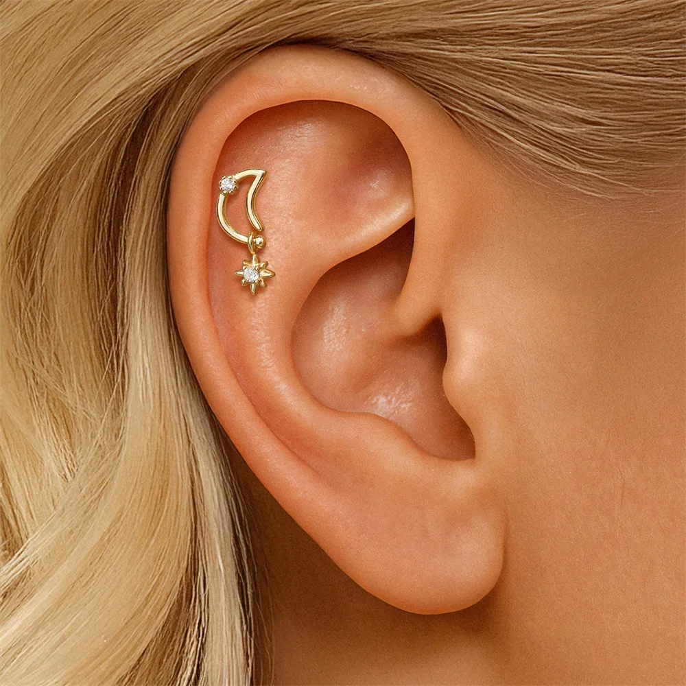 

9CANNER 1PC Moon Eight-pointed Star CZ Flat Head 925 Sterling Silver Piercing Earrings For Women Ins Tassel Earring Jewelry