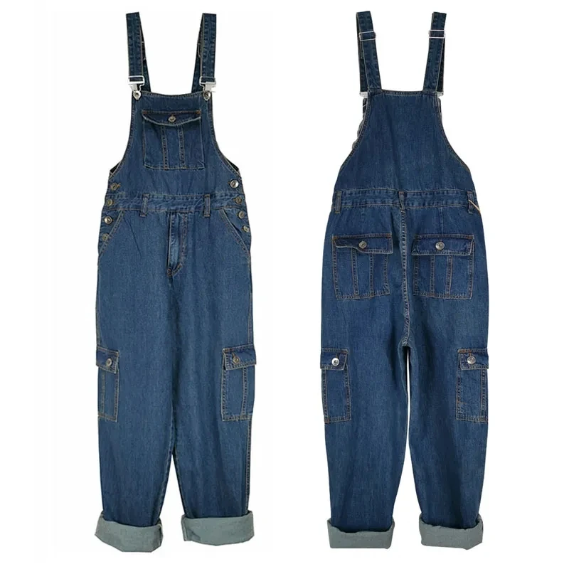 

Loose Jeans Men Overalls Bib Denim Jumpsuits Huge Straight Workwear Multi Pocket Wide Leg Cargo Pants Blue Trousers Size 28-50