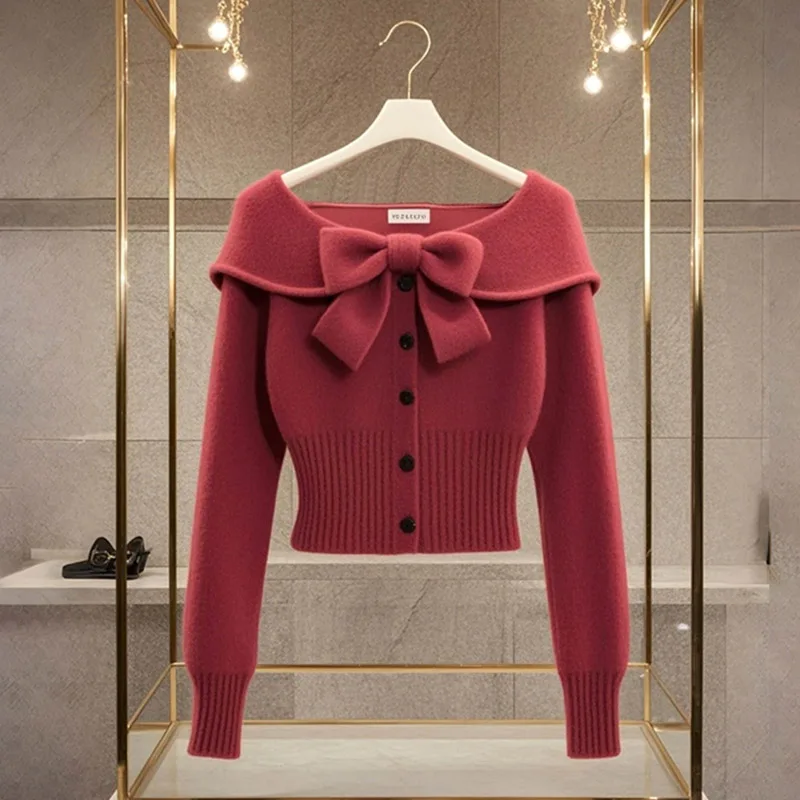 Women Vintage Elegant Chic Lapel Warm Knitted Cardigan Autumn Winter Fashion Commute Elastic Slim Soft Wool Bow Sweaters