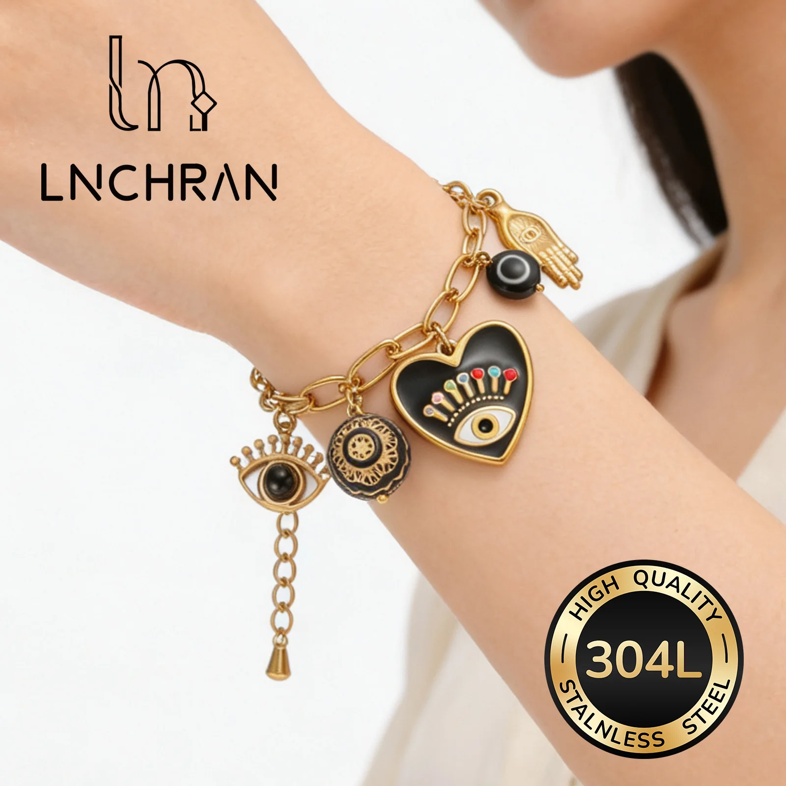 

Golden Paperclip Chain Bracelet with Evil Eye & Enamel Charms for Women Boho Jewelry Gift