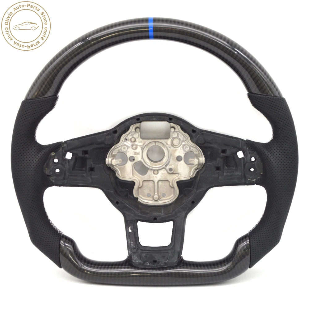 Carbon fiber semi perforated Rline sports steering wheel with white line and blue alignment mark For VW MQB Rline