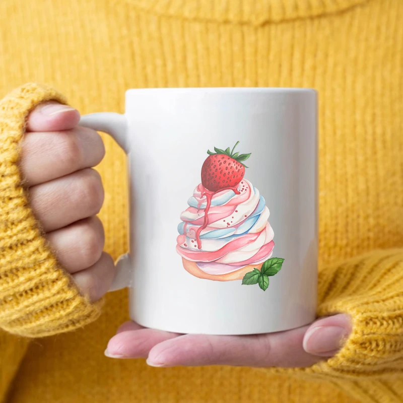 White strawberry swirl cake design ceramic mug for coffee, tea, breakfast or snack time