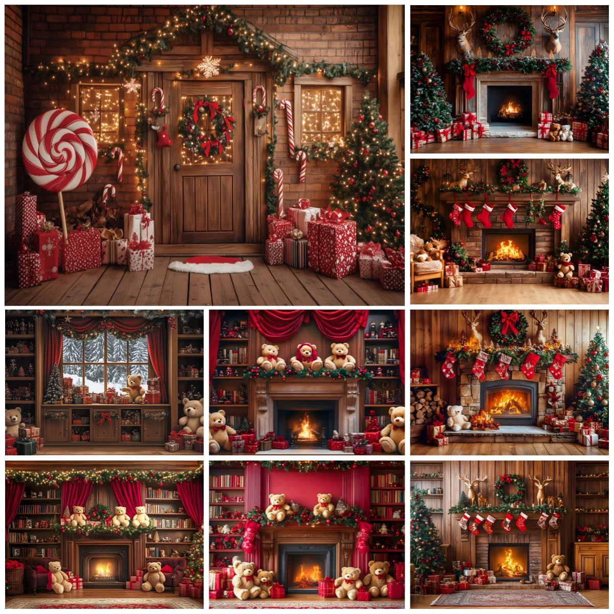 Weihnachts-Fotohintergrund Holzhütte Weihnachtsbaum Kamin Geschenk Kinderporträt Familienfeier Hintergrund Dekoration Fotostudio