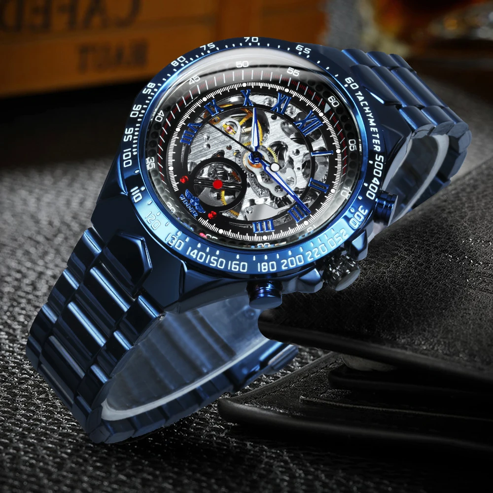 WINNER Business Skeleton Mechanical Watch for Men Luminous Hands Stainless Steel Strap Fashion Luxury Automatic Mens Watches New