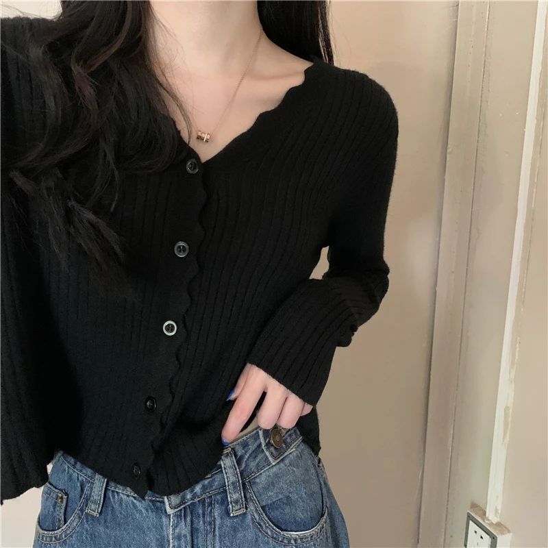 Spring Autumn Women's Solid V-Neck Button Long Sleeve Sweater Knitted Screw Thread Cardigan Fashion Office Lady Vintage Tops