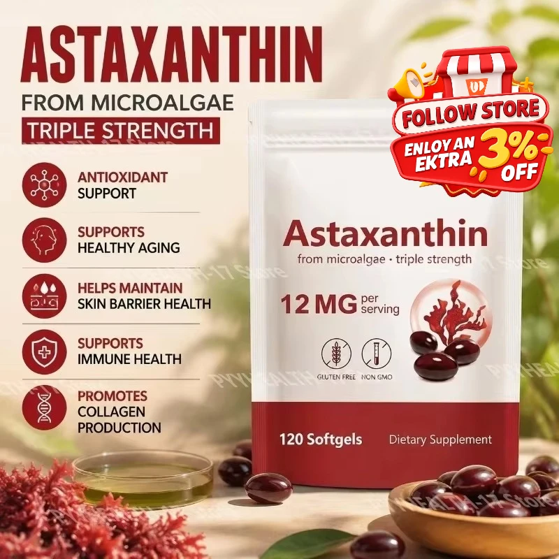Astaxanthin Softgels From Microalgae Promotes Collagen Production Soy Free Gluten Free Non GMO Triple Strength 120 Softgels