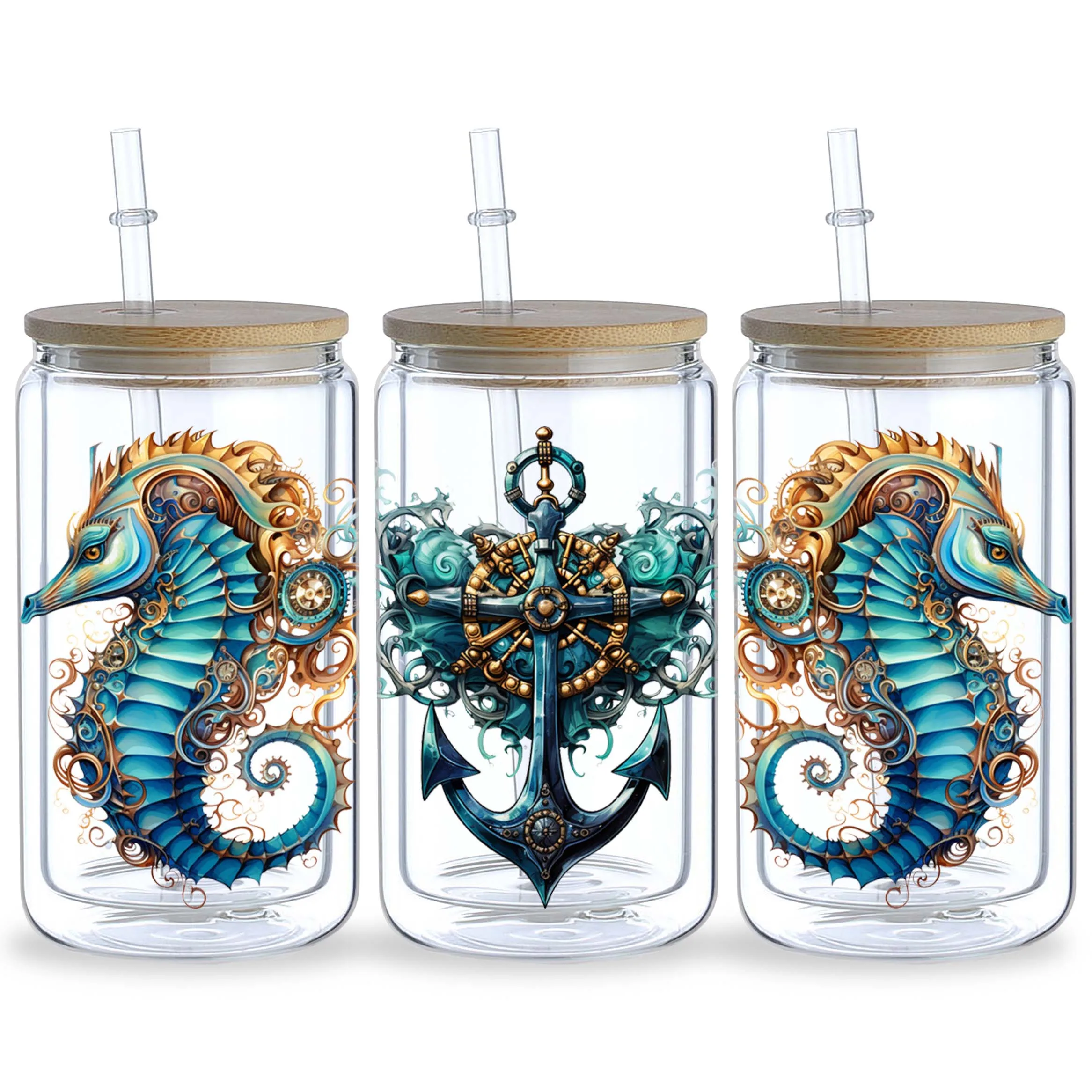 5 sheets Steampunk sea UV DTF cup holder 16 oz, DTF cup holder transfer glass, waterproof stickers, friction transfer stickers