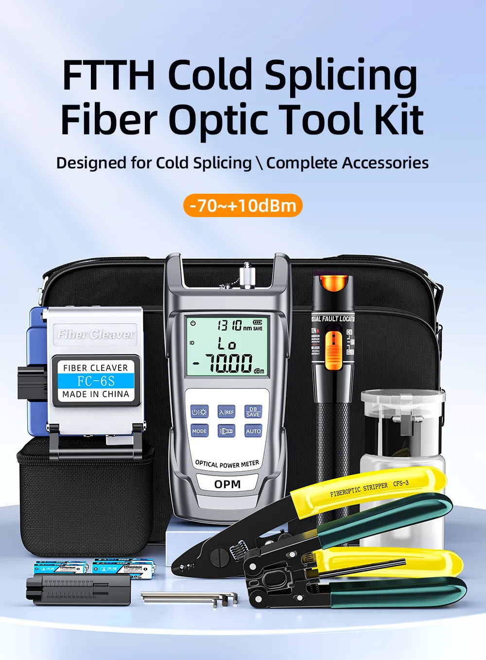 Fiber Optic Cold-Splice Kit Tool Set Case Fusion Splicer Toolbox Miller Pliers Optical Power Meter Red Light Source Fiber view 6