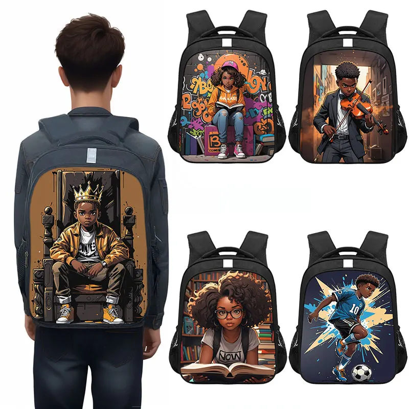 Afro Boy King Reading / Play Soccer / Guitar Violin Backpack Teenager Boys Girls School Bags for Travel Students Laptop Bookbag