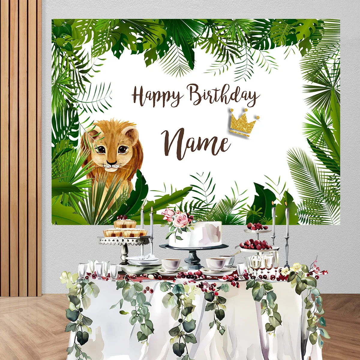Fondo de fiesta de cumpleaños de animales de Safari, pancarta de hojas tropicales, León, nombre personalizado, fiesta en la jungla, niño, bebé salvaje, uno Bday