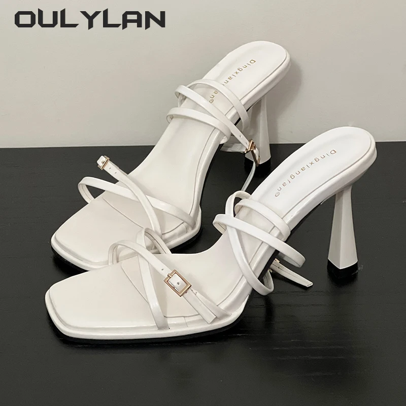 Breathable Sexy Party Shoes Women's Ankle Buckle High Heel Sandals Ladies  Front Cross Strap Open Toe Square Toe Shoes