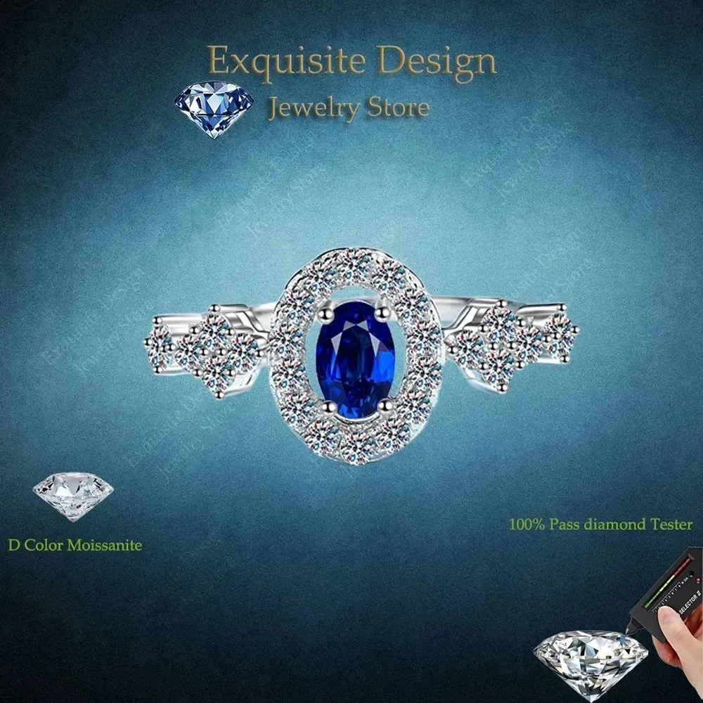 Exquisite Design Women Birthday Gift Wedding Band 0.5CT Blue Moissanite Diamond Oval Wrapped PT950 Platinum Rings