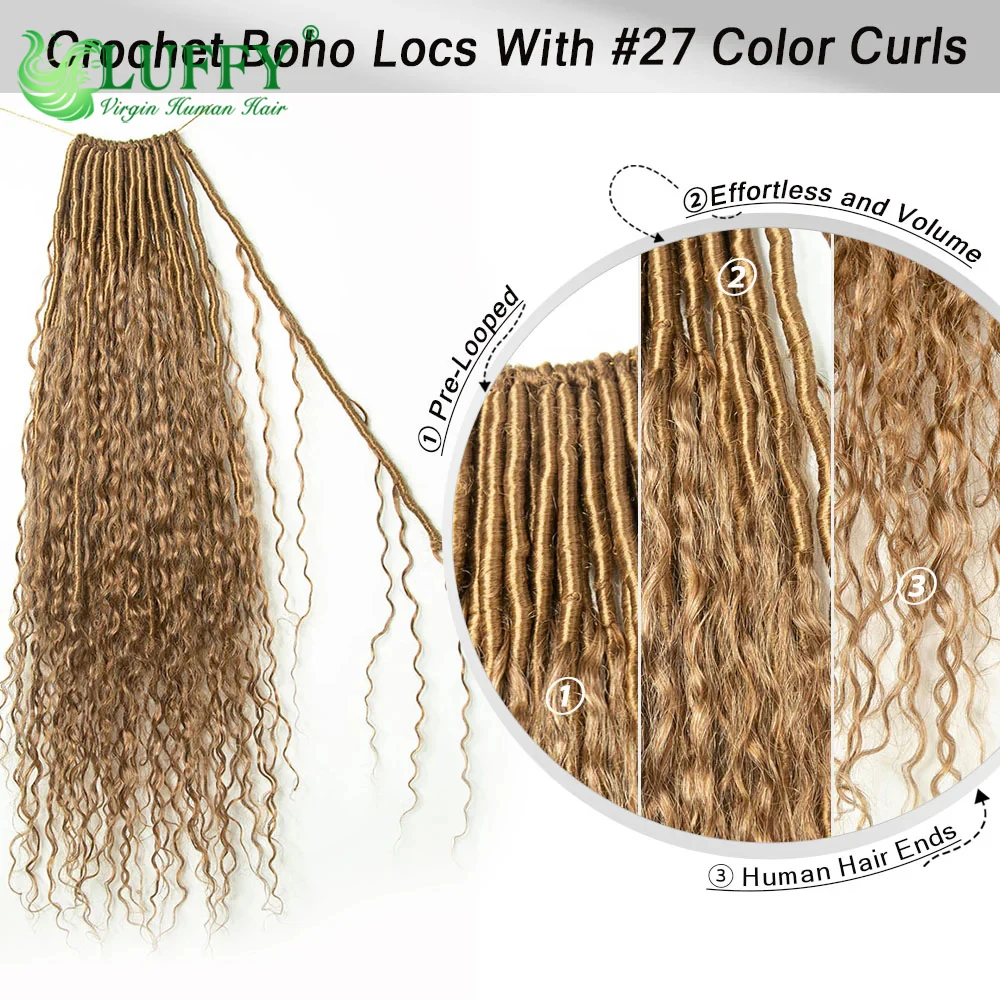 Crochê Boho Locs com cachos para mulheres, Tranças pré-looped, Cabelo humano encaracolado, Honey Blonde, Full Ends, #27