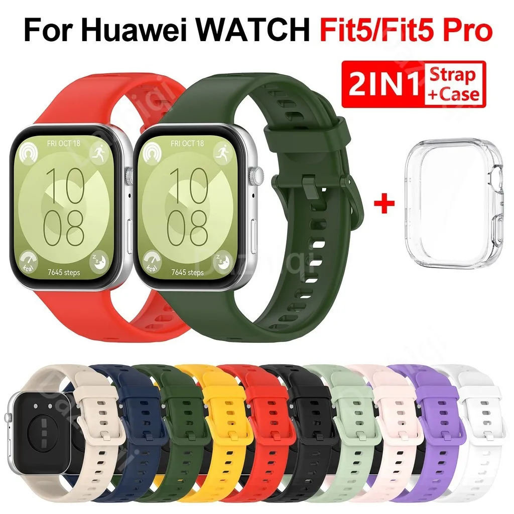 2in1 Sports WatchBand Set For Huawei WATCH Fit 5 Fit5 Pro Silicone Strap with Colorful Buckle Clear TPU Protective Case Cover