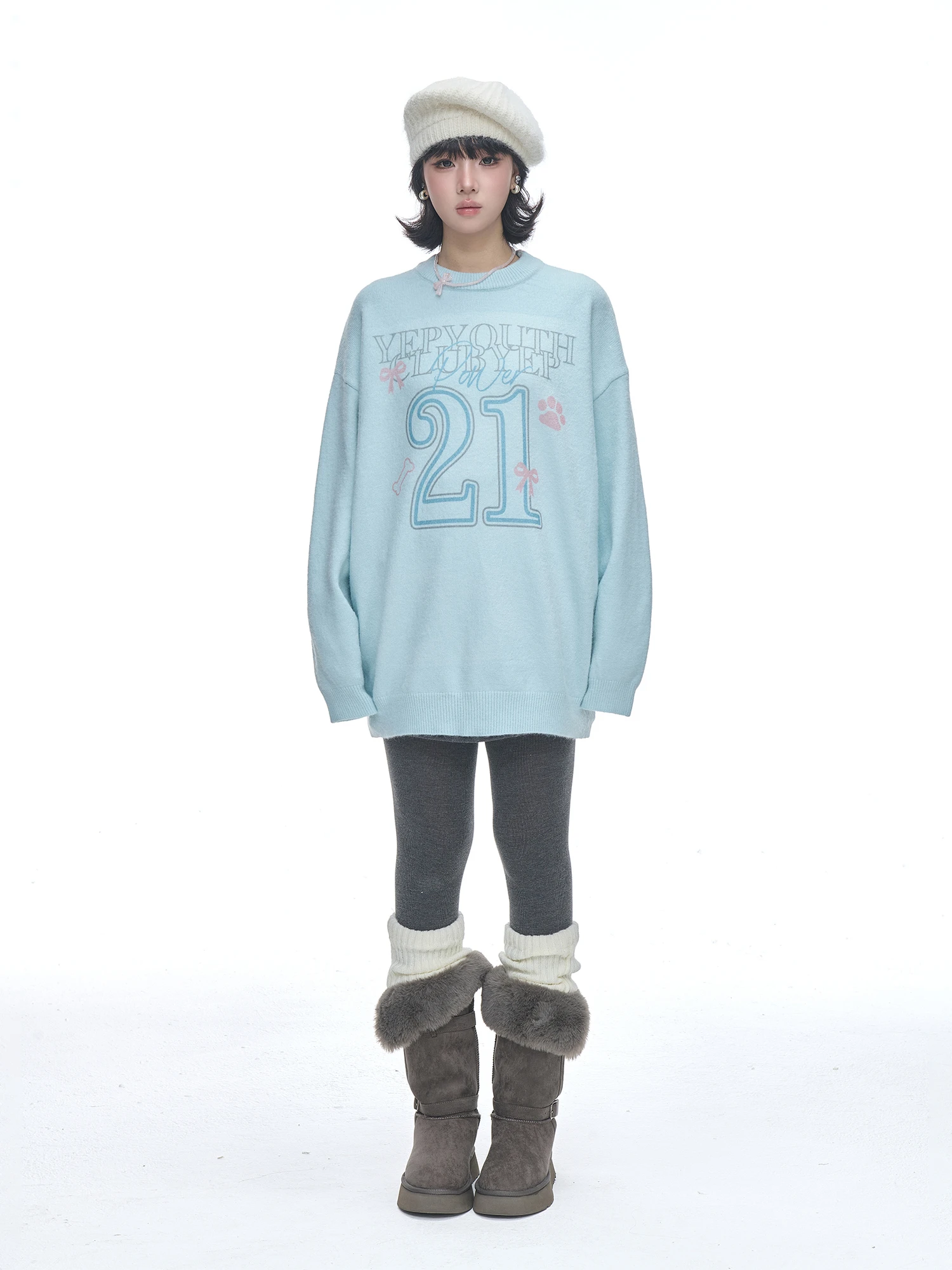 

Blue Knitted Sweater Women's Loose Fit Autumn Winter New Design Street Sle Cartoon Print Comfortable Long Sve round Ne