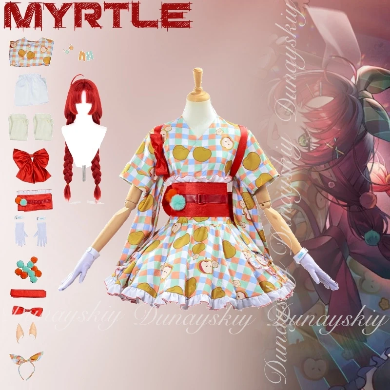 

Arknights Game Myrtle Косплей Энергическая девушка с ярким праздничным платьем и красный парик с двойным хвостиком Косплей Костюм Все комплекты
