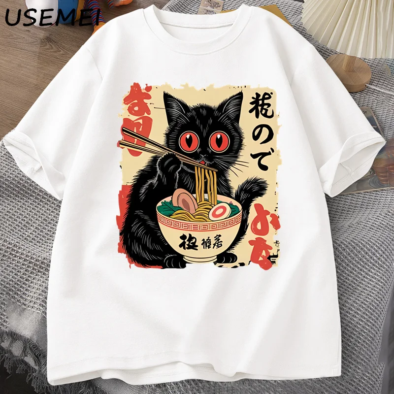 Vintage Japanese Black Cat Ramen T Shirts Cute Graphic Tee Funny Cat Eating Ramen T-Shirt Printing Cotton Short Sleeve Vintage