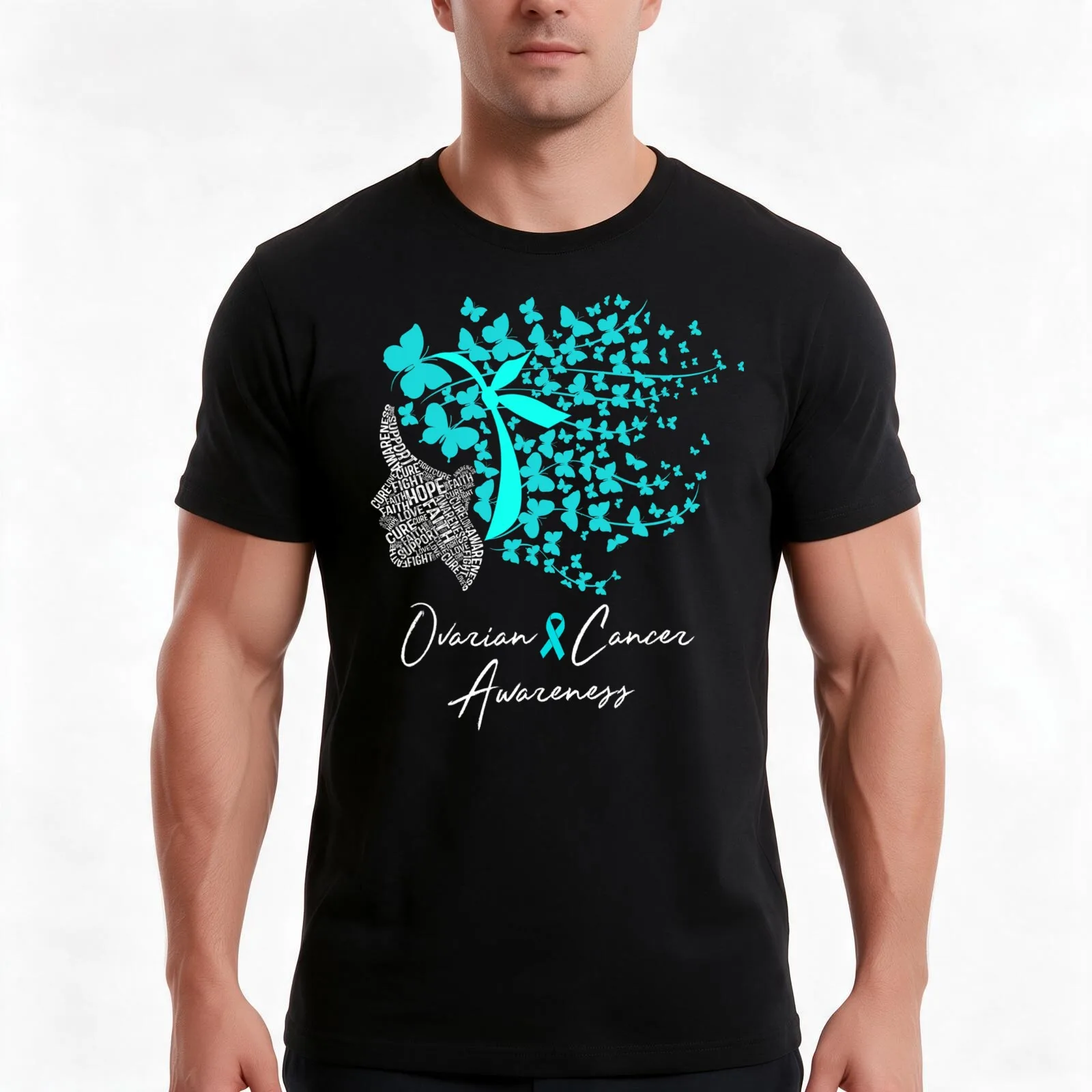 Ovarian Cancer Awareness Shirt Teal Butterflies T-Shirt Summer Casual Cotton Tee Oversized Streetwear Tops Unisex Men Women