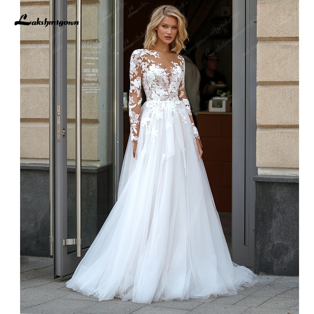 Lakshmigown Lace Wedding Dresses High Neck Long Sleeves Ivory Bride Dresses A-Line Gorgeous Dress For Women vestidos para mujer