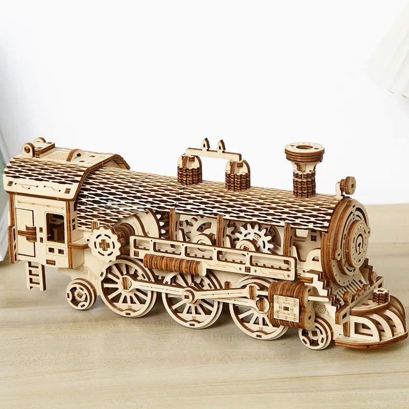 3d Puzzle Wood Gear Steam Train Model Building Wood Kits DIY Assembly Jigsaw Toy Gift for Kids Adults Collection