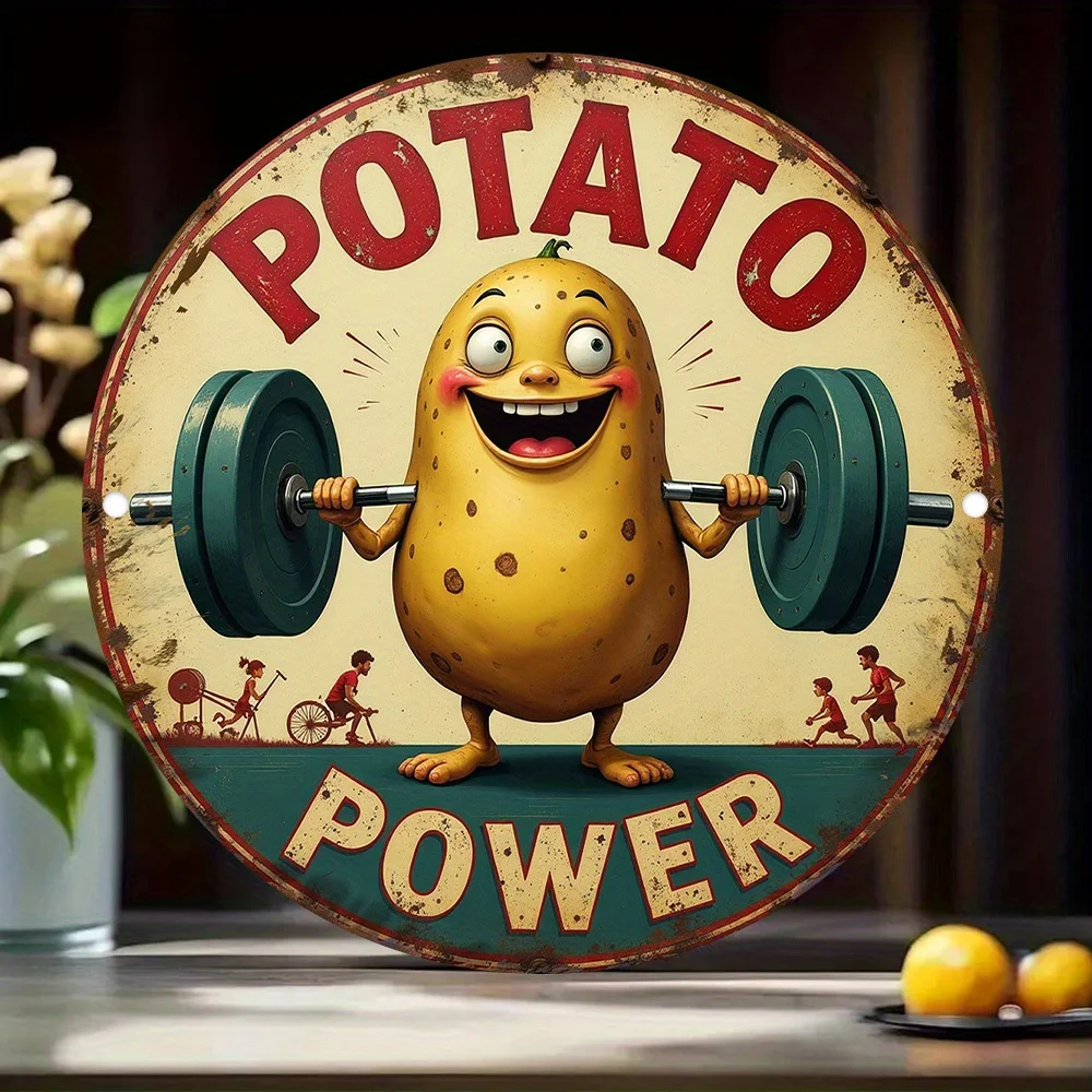 Vintage Potato Power Round Sign – Cartoon Weightlifter Rustic Metal Wall Art for Home Office Bar Cafe Indoor Outdoor Decor