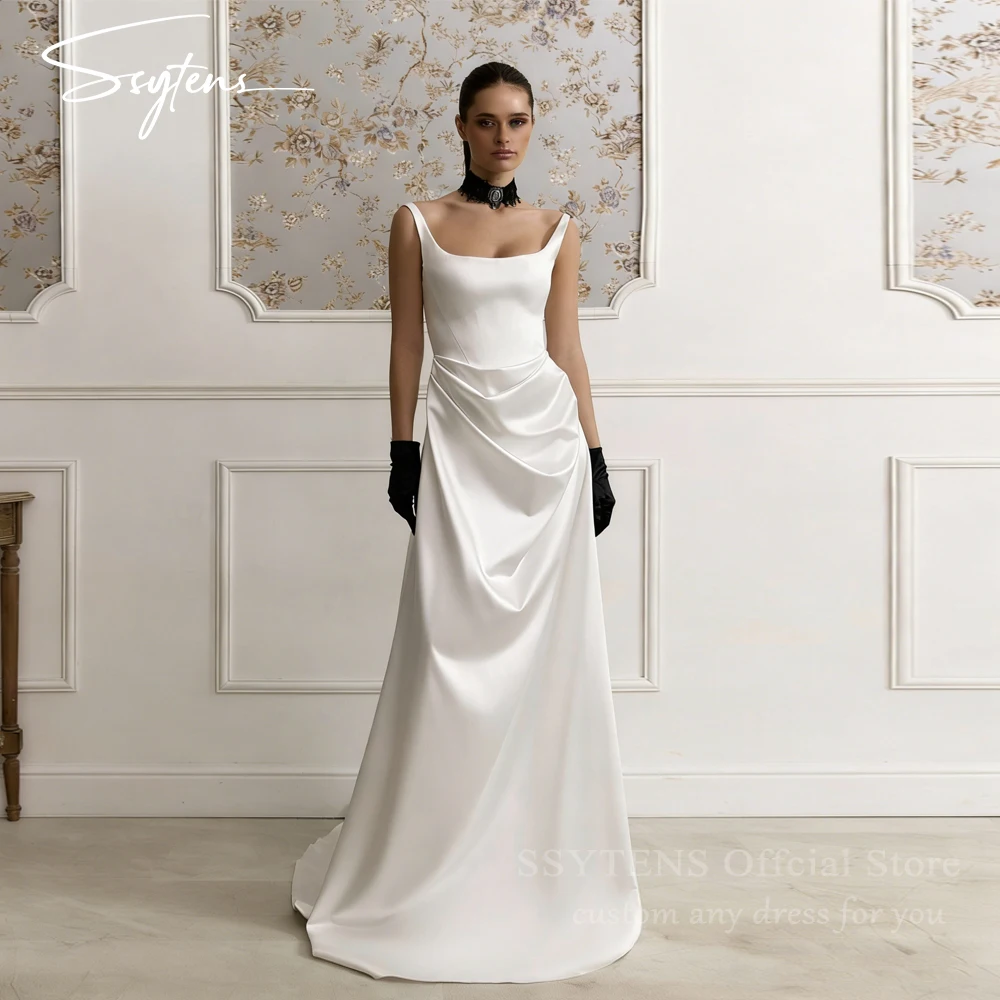 

SSYTENS Elegant Square Collar Wedding Dresses for Women Bride Mermaid Satin Zipper Sweep Train Pleat Robe De Mariee Customized
