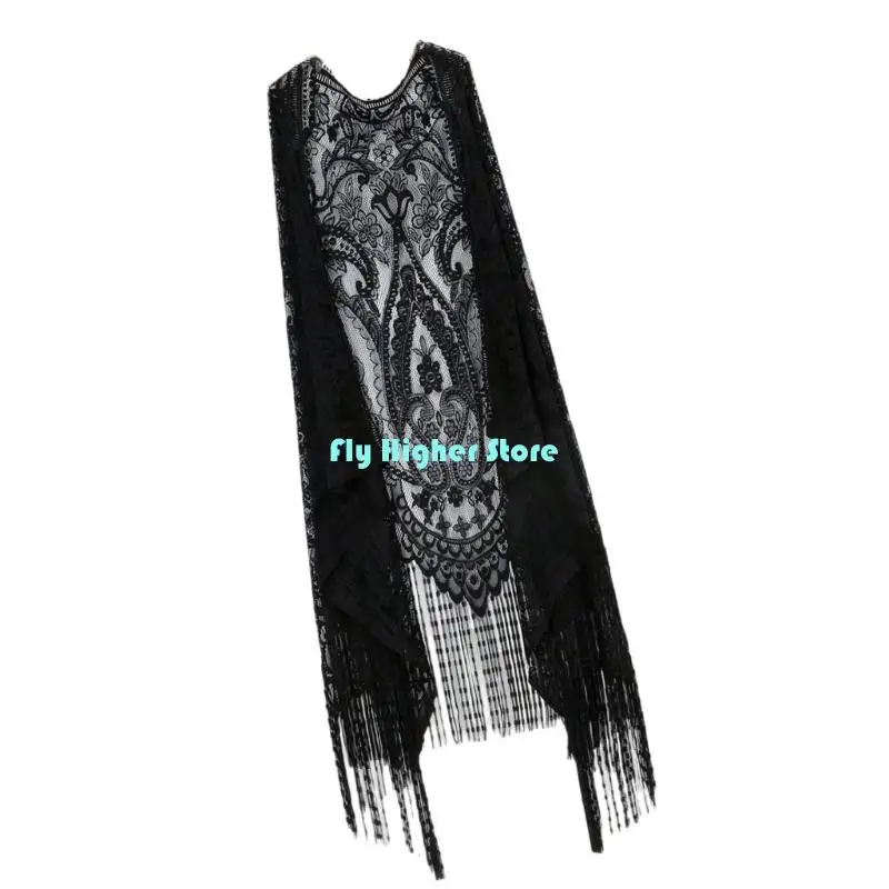 Women Fringe Vest Hollowed Lace Beach Shawl Beach Coverup Sleeveless Tassels Cardigan Top For Beach Outings Daily Use view 5