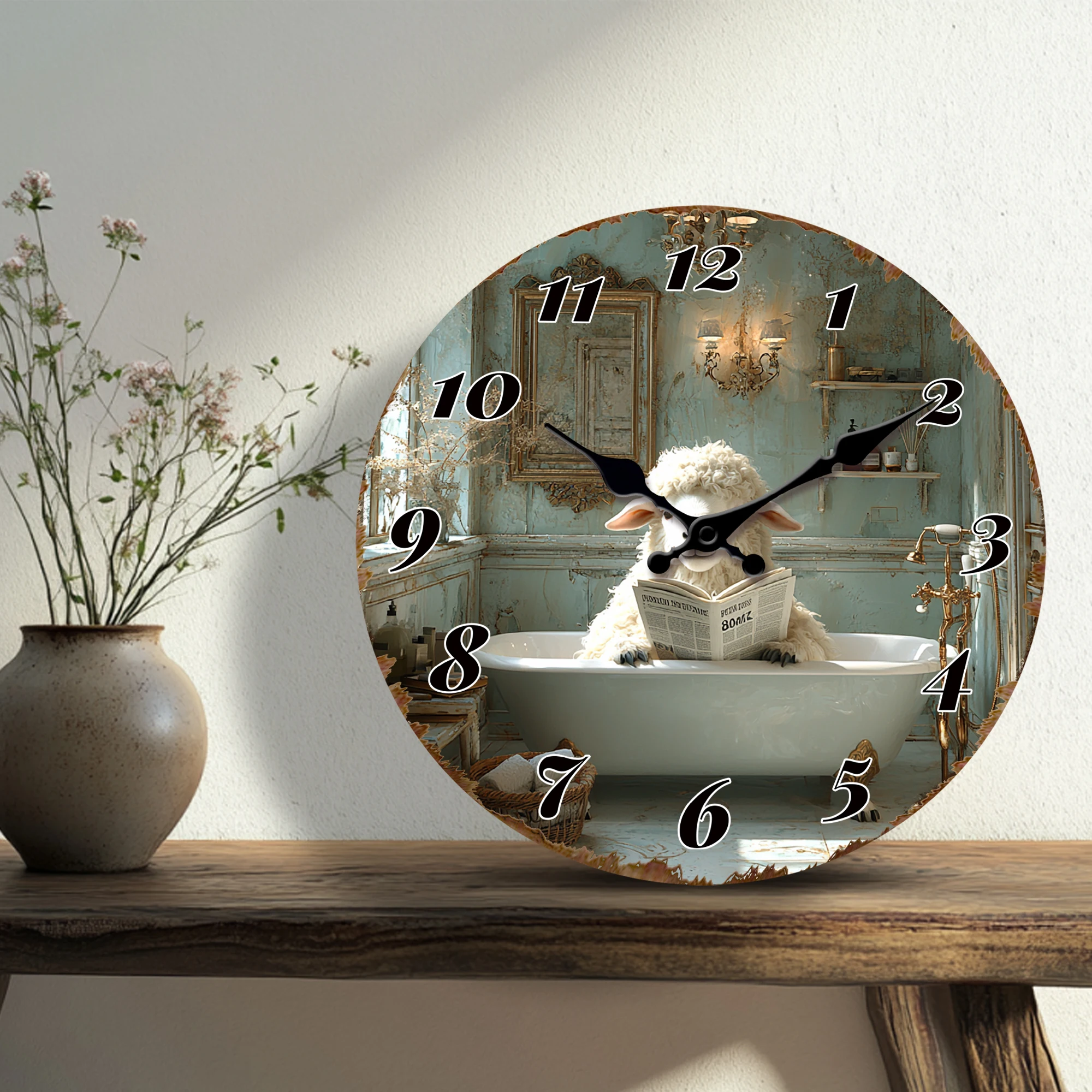 Sheep Reading Newspaper in Bathroom Vintage Wall Clock - Whimsical Decor for Bathroom, Living Room, or Bedroom - Silent