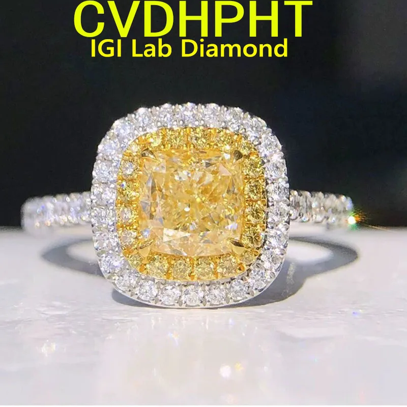 

Luxurious Yellow Lab Grown Diamond Ring IGI 2CT Cushion Shape Ring 14k White Gold Fine Jewelry for Women Ring