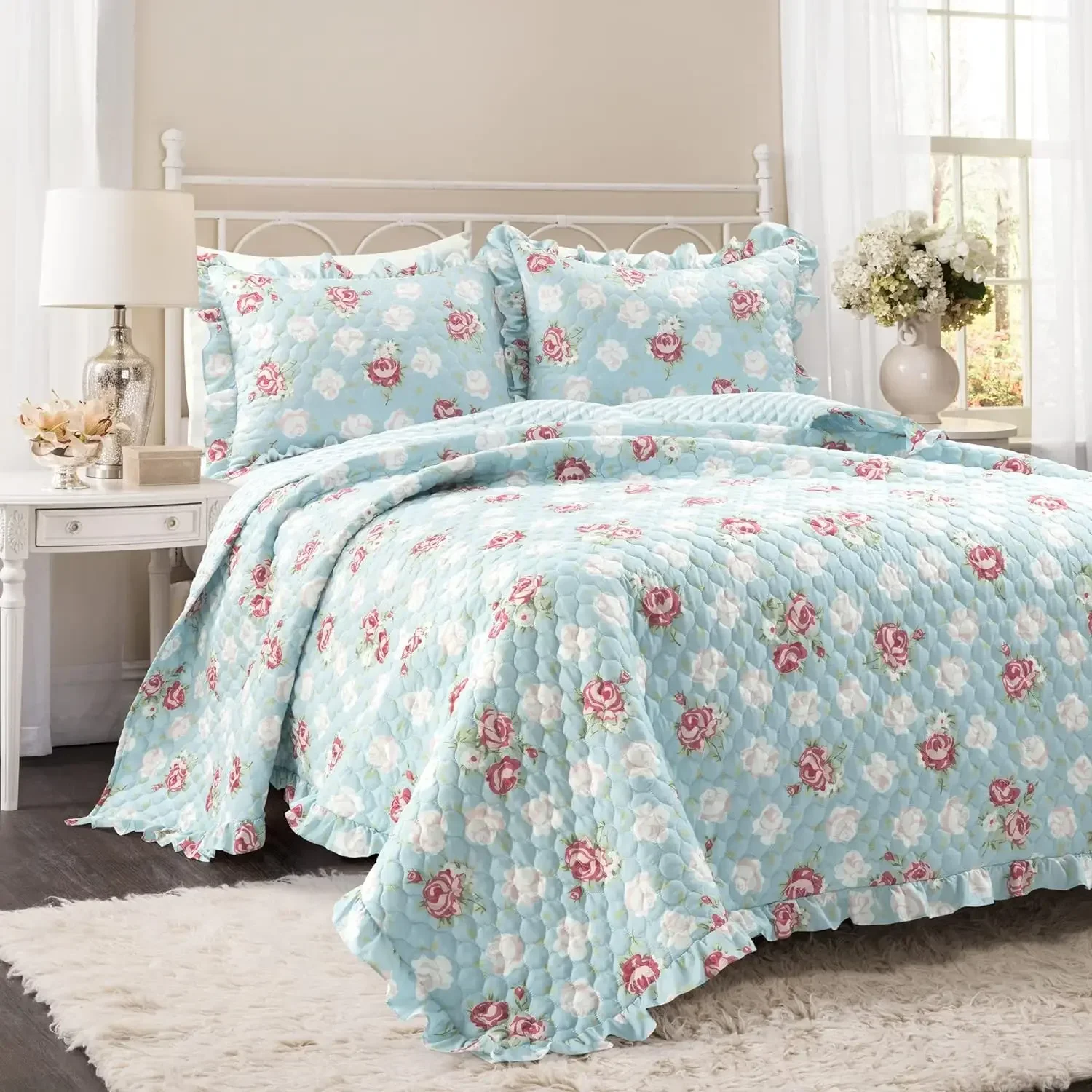 

Cottage Core Floral Ruffle Reversible Oversized 3 Piece Quilt Set, King/Cal King, Blue & Blush