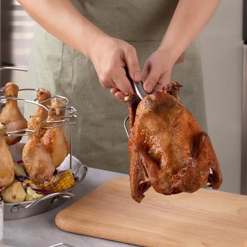 Chicken Leg Grill Rack Round Stainless Steel Chicken Leg Wing Rack 12 Slots Non-Stick Drumstick Holder BBQ Accessories With Drip