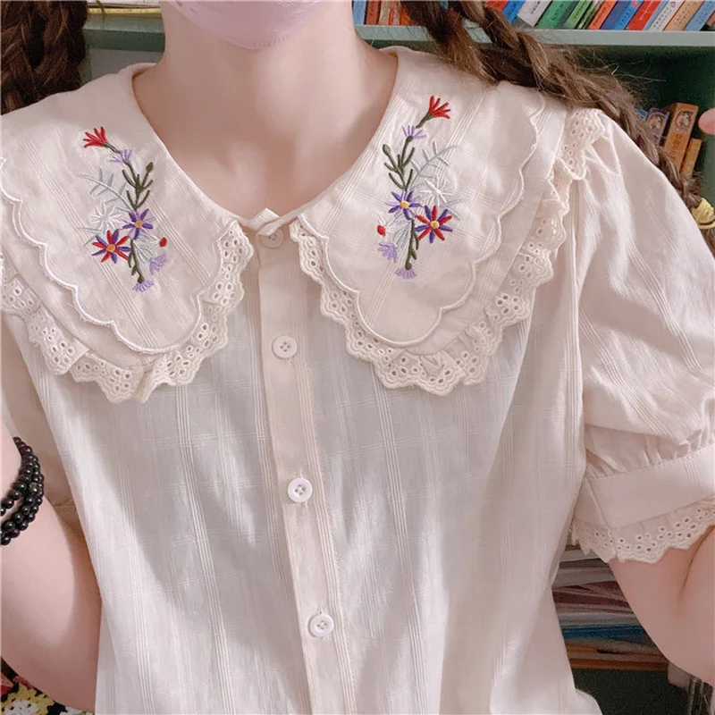 Summer Kawaii Lolita Blouses Women Cute Lace Ruffles Floral Embroidery Chic Shirts Sweet Girl Japanese Short Sleeve Blusas Mujer