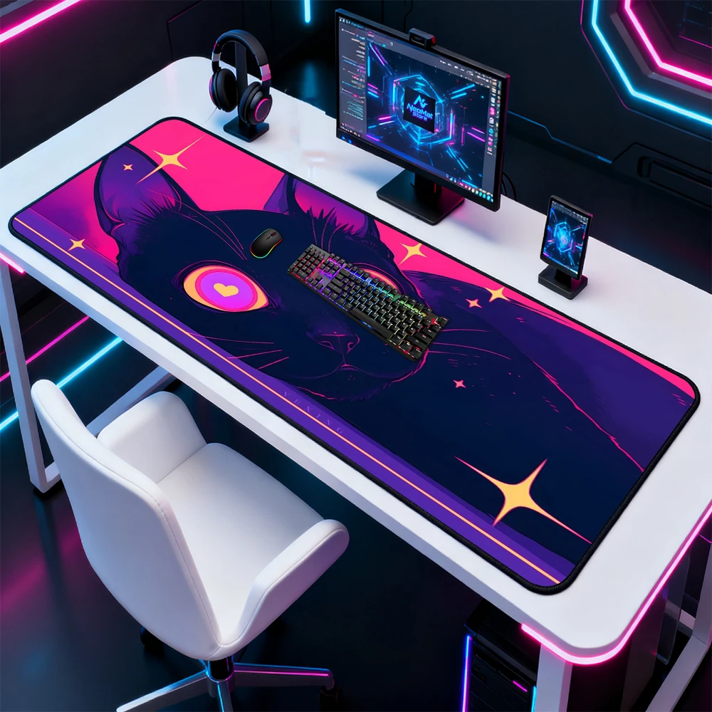 Neon Mouse Pad Mousepad 140x60 Black Cat Kawaii Gaming Desk Mat Pink Starry 160x60 Aesthetic Purple Mousepads Pc Gamer