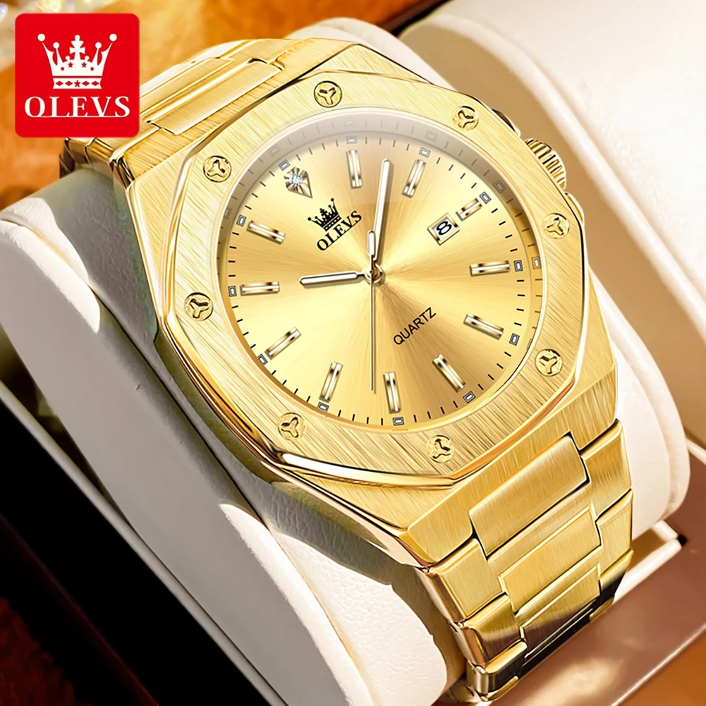 

OLEVS 3613 Top Brand Men's Gold Octagonal Watch Waterproof Quartz Watch Stainless Luxury Business Dress Wristwatch for Men