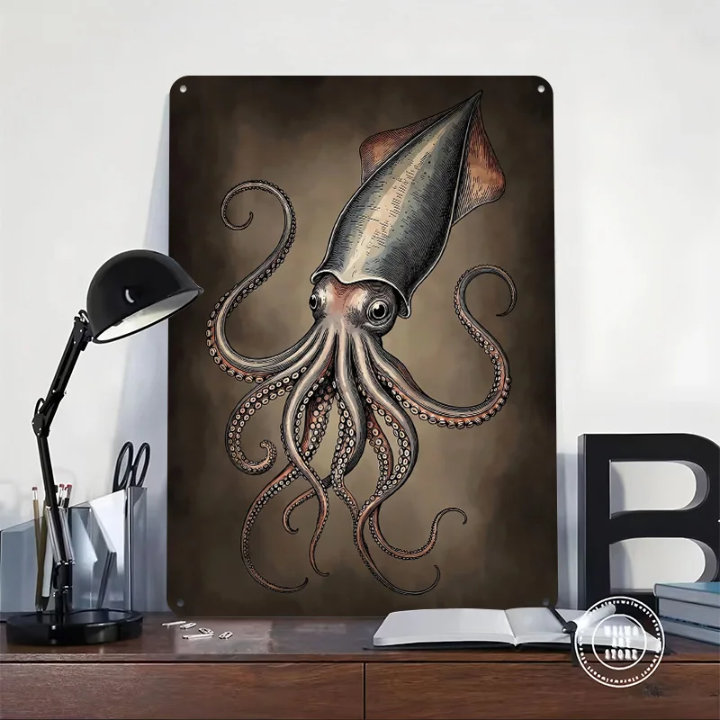Illustration of a Kraken Squid 3D Texture Printed Poster Custom Vintage Metal Tin Plate Sign for Wall Art Room Decoration Items